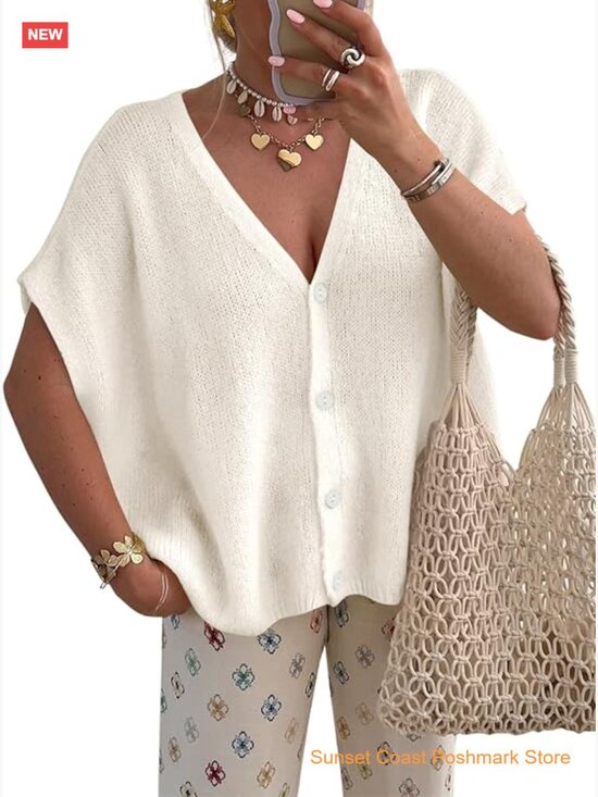 Sweaters - Oversized Batwing Short Sleeve Cardigan Lightweight V-Neck Button Down Knit